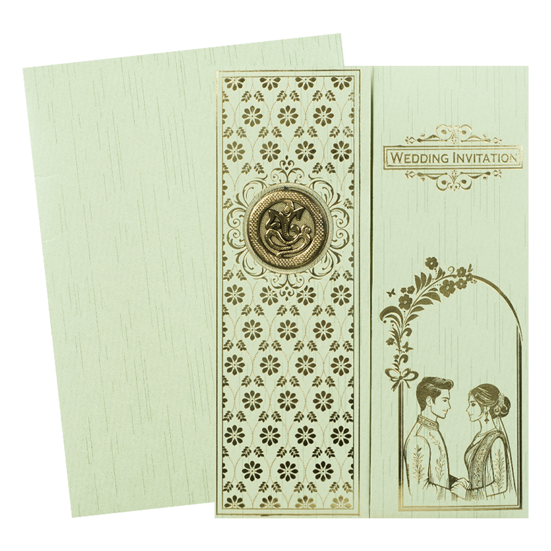 Green Ganesha Couple Gatefold Wedding Card-KNKR043N