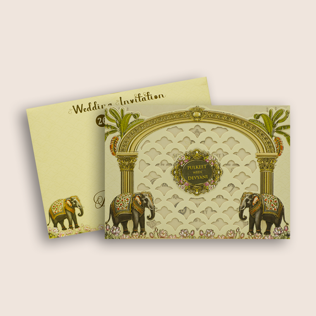 Cream Royal Elephant Laser Cut Wedding Invitation Card - KJTS1812