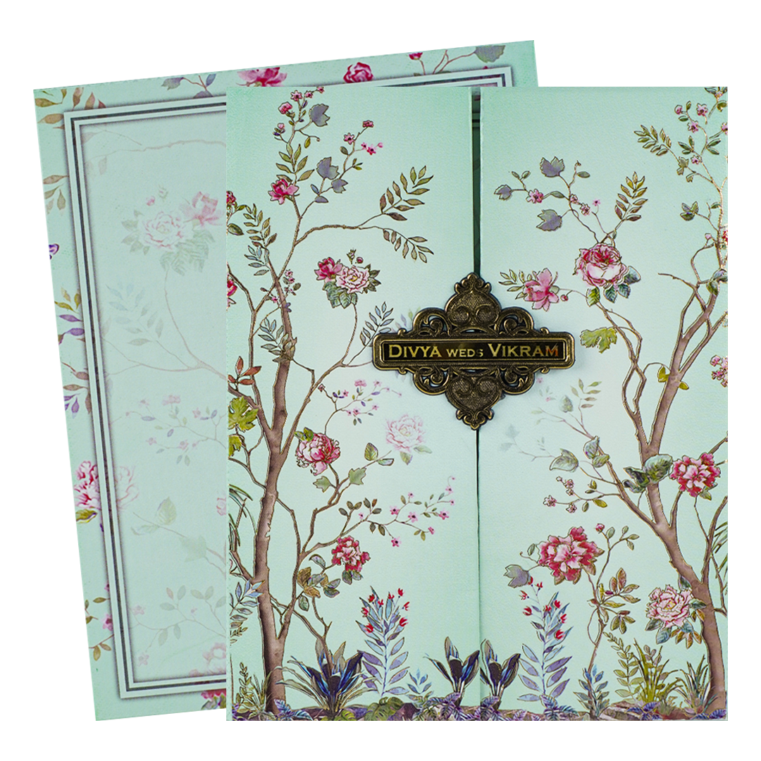 Blue Padded Floral Wedding Card-KNMO9316