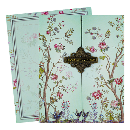 Blue Padded Floral Wedding Card-KNMO9316