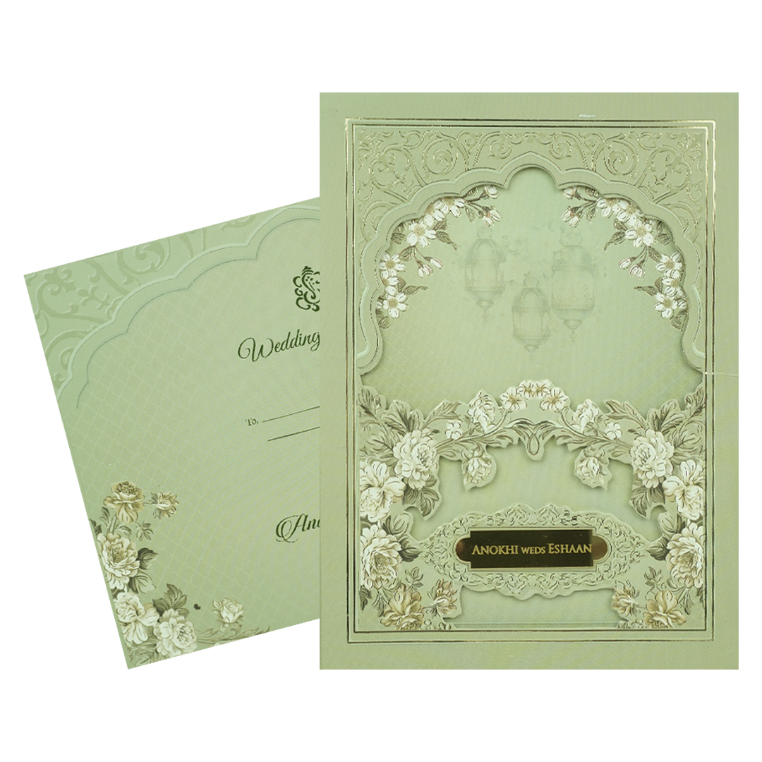 Pastel Green Floral Arch Padded Wedding Card-KJTS3684