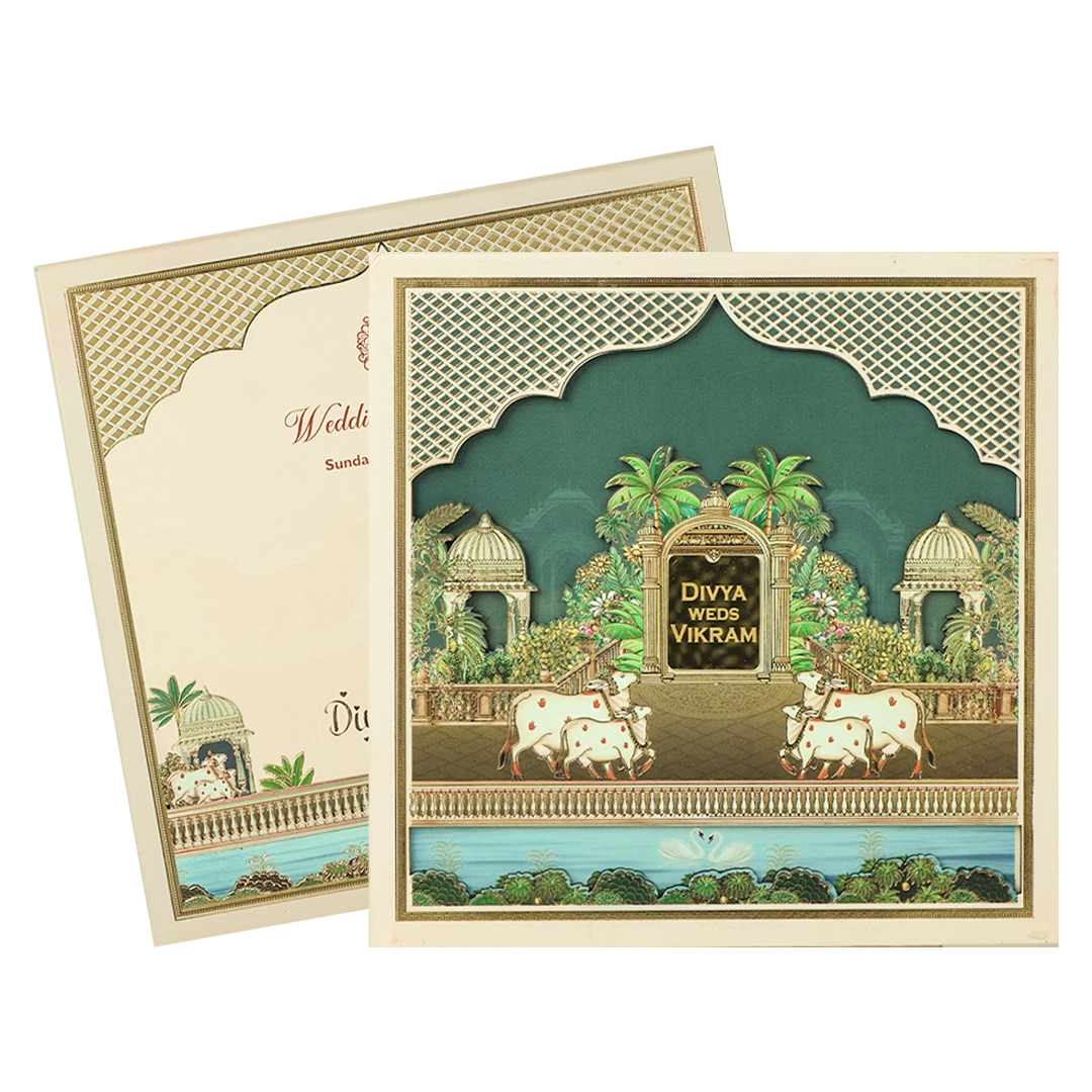 Navy Blue Kamadhenu Cow Padded Wedding Card-KNAM4901