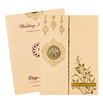 Cream Double Door Floral Padded Wedding Card-KNPM9532P