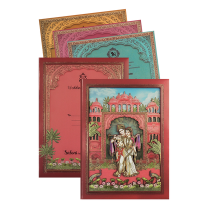 Peach Radha Krishna Palace Padded Wedding Card-KSI64020