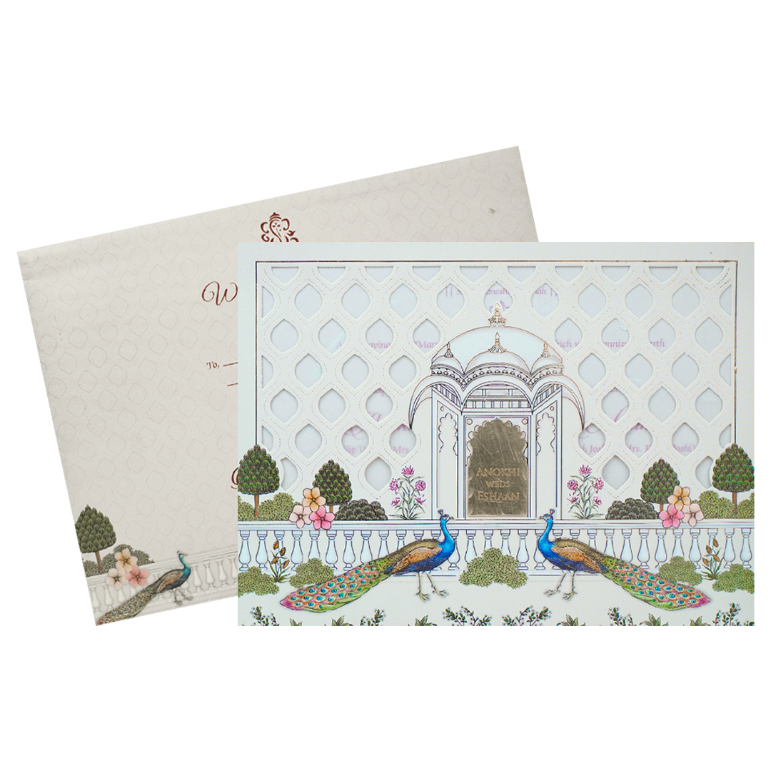 Cream Peacock Laser Cut Wedding Card-KJTS3682