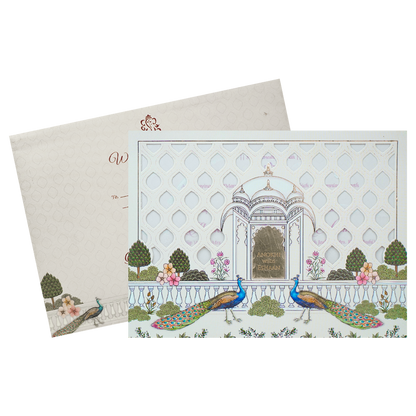 Cream Peacock Laser Cut Wedding Card-KJTS3682