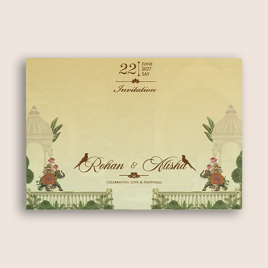 Beige Royal Elephant Door Style Padded Invitation Card - KFR17390