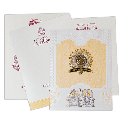 Yellow Embossed Balaji Padded  Wedding Card-KNMS9310