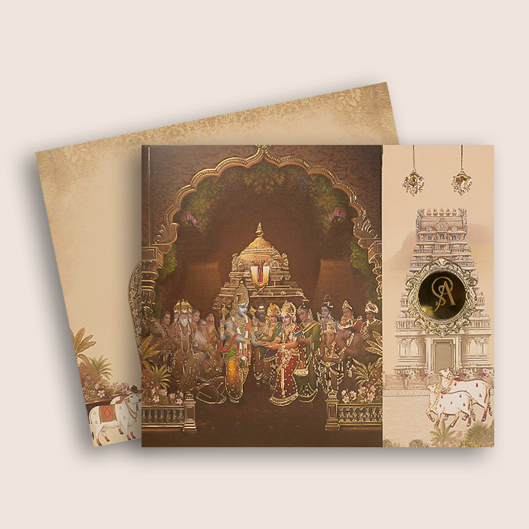 Brown Ram Sita Door Style Wedding Card - KNCR8911