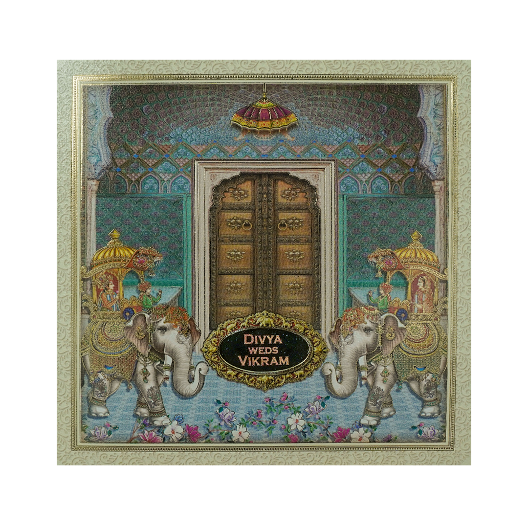Blue Royal Floral Palace Wedding Card-KNKD8109