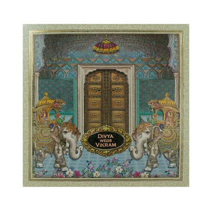 Blue Royal Floral Palace Wedding Card-KNKD8109