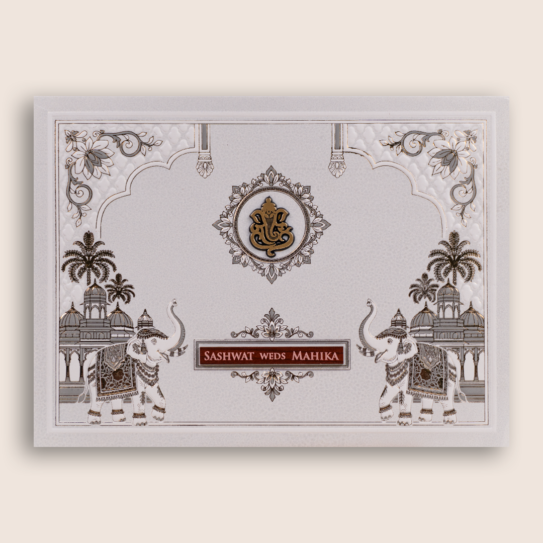 Ivory Embossed Royal Elephant Invitation Card - KRE29450