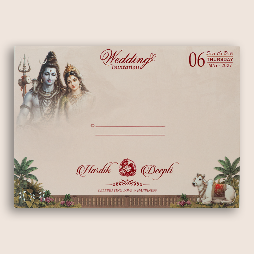 Peach Lord Shiva Parvathi Padded Wedding Invitation -KSH18200