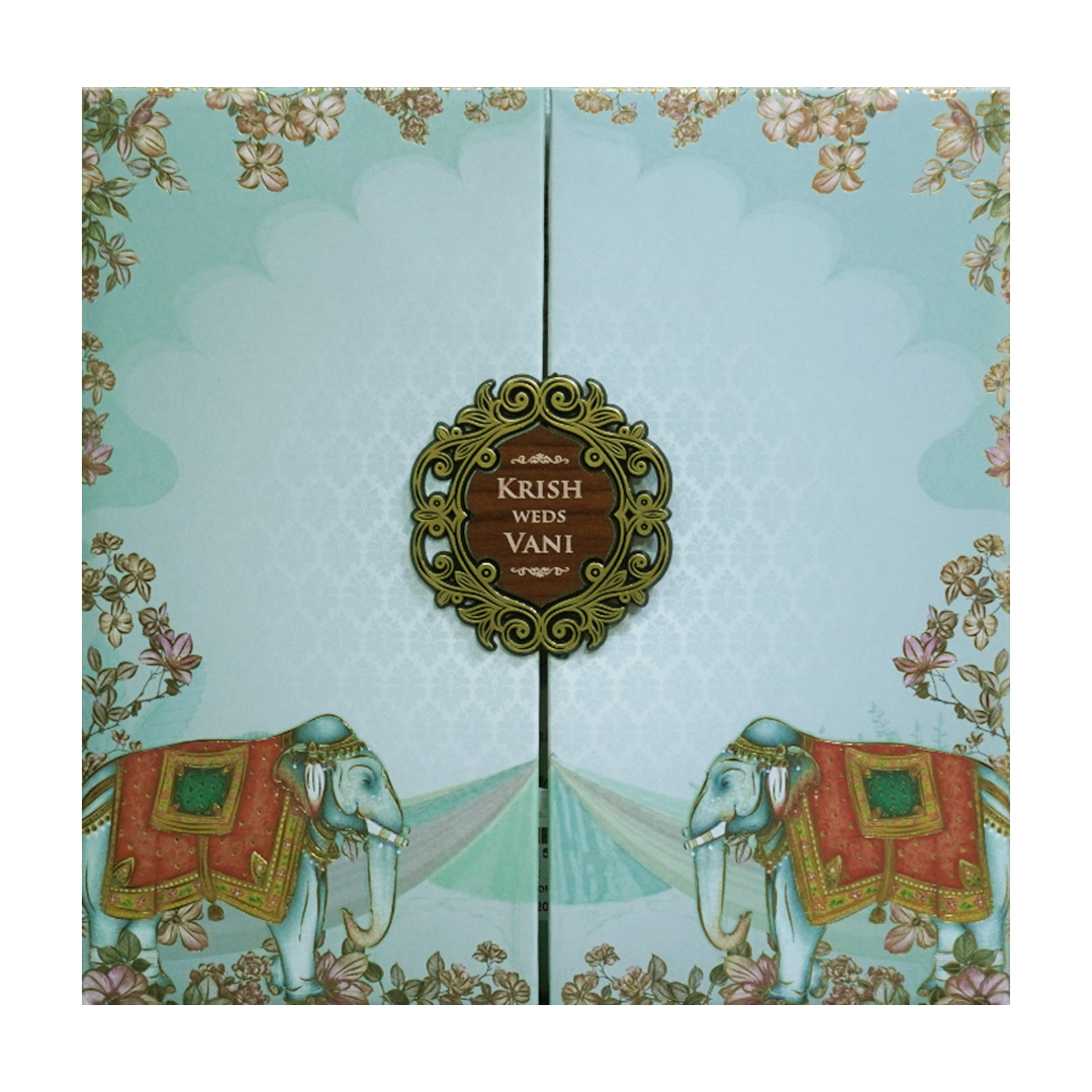 Pastel Blue Elephant Door Padded Wedding Card - KVN07540