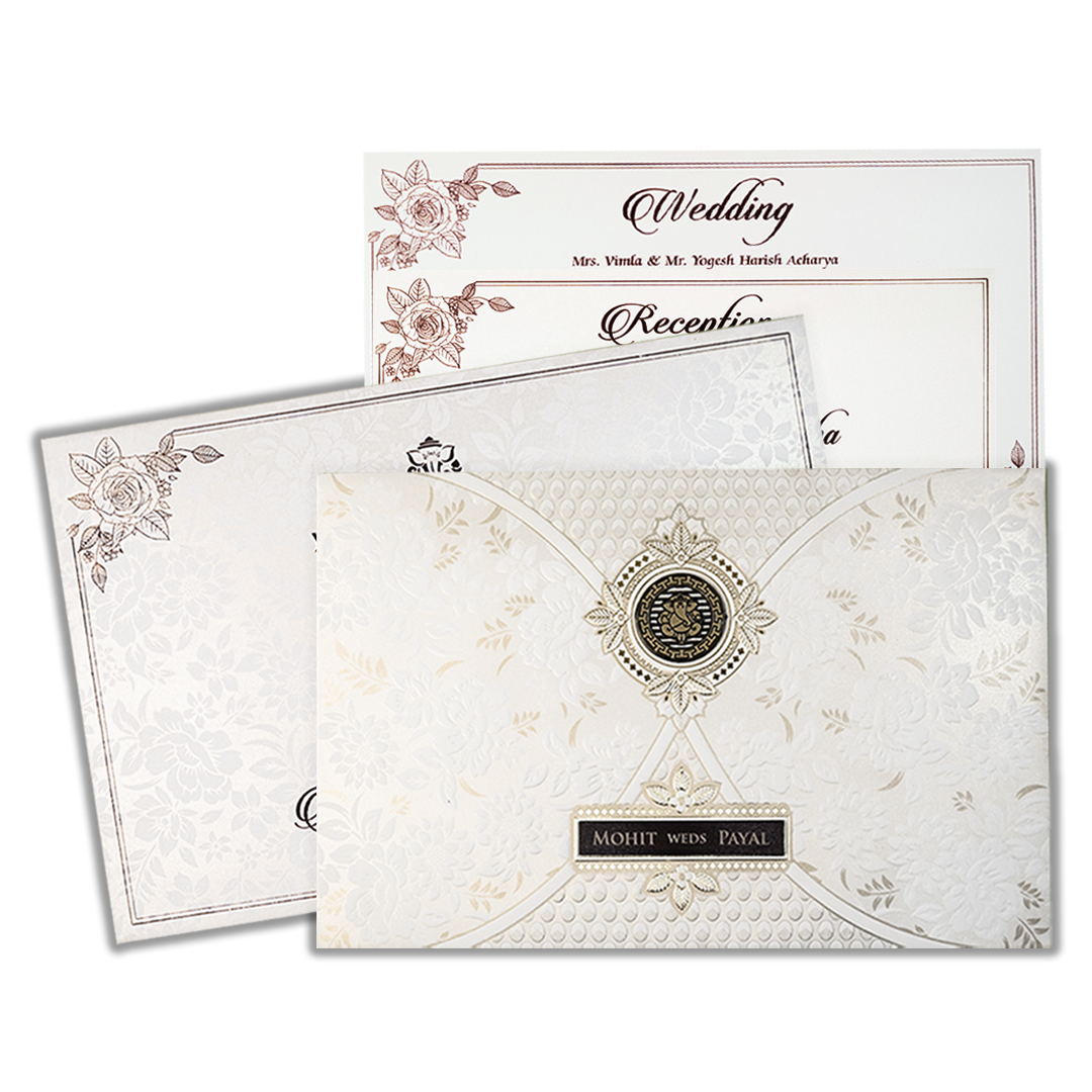 White Ganesha Floral Padded Wedding Card-KSH73530