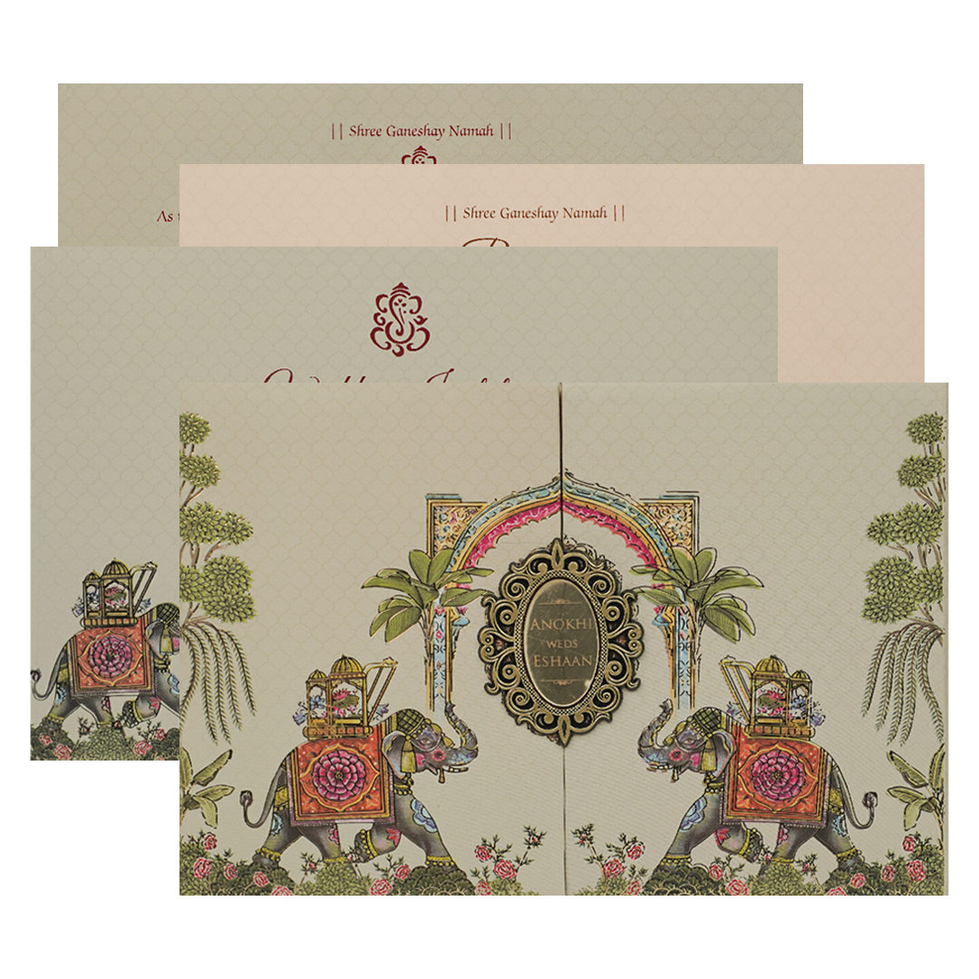 Check out Cream Royal Elephant Arch Wedding Card at best price. ?WhatsApp Support ?Express Delivery.