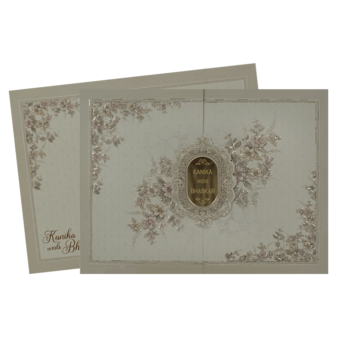 Grey Floral Gold Oval Wedding Card-KSI64990
