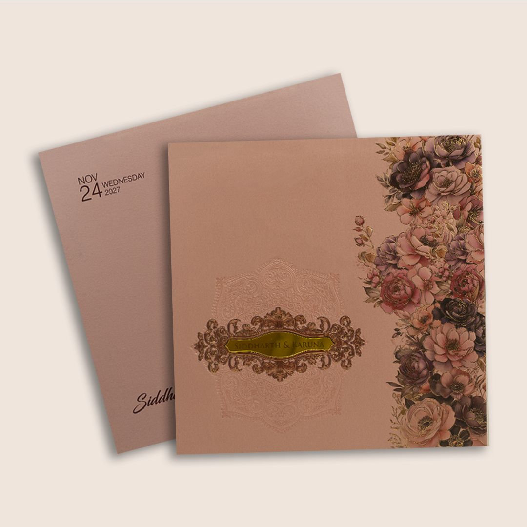 Pink Embossed Floral Padded Marriage Wedding card - KPR024150