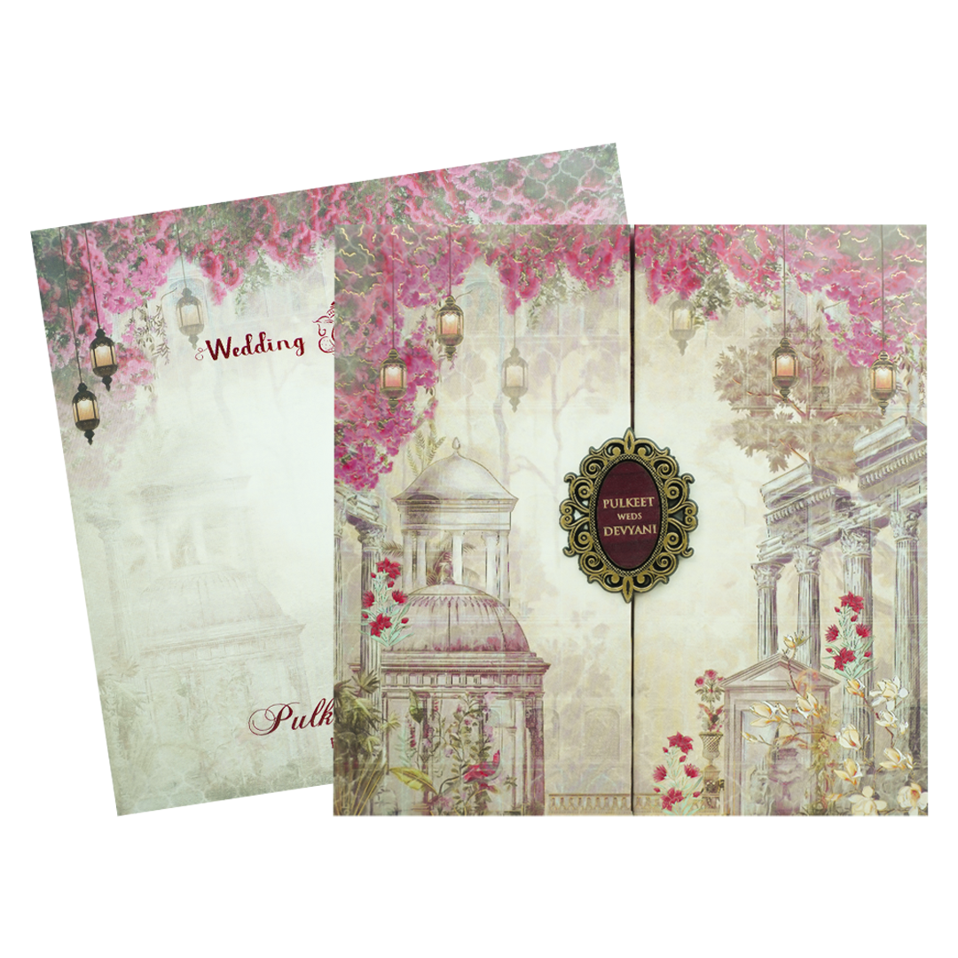 Grey Pink Floral Gatefold Padded Wedding Card-KJTS1727