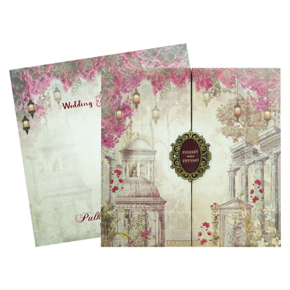 Grey Pink Floral Gatefold Padded Wedding Card-KJTS1727