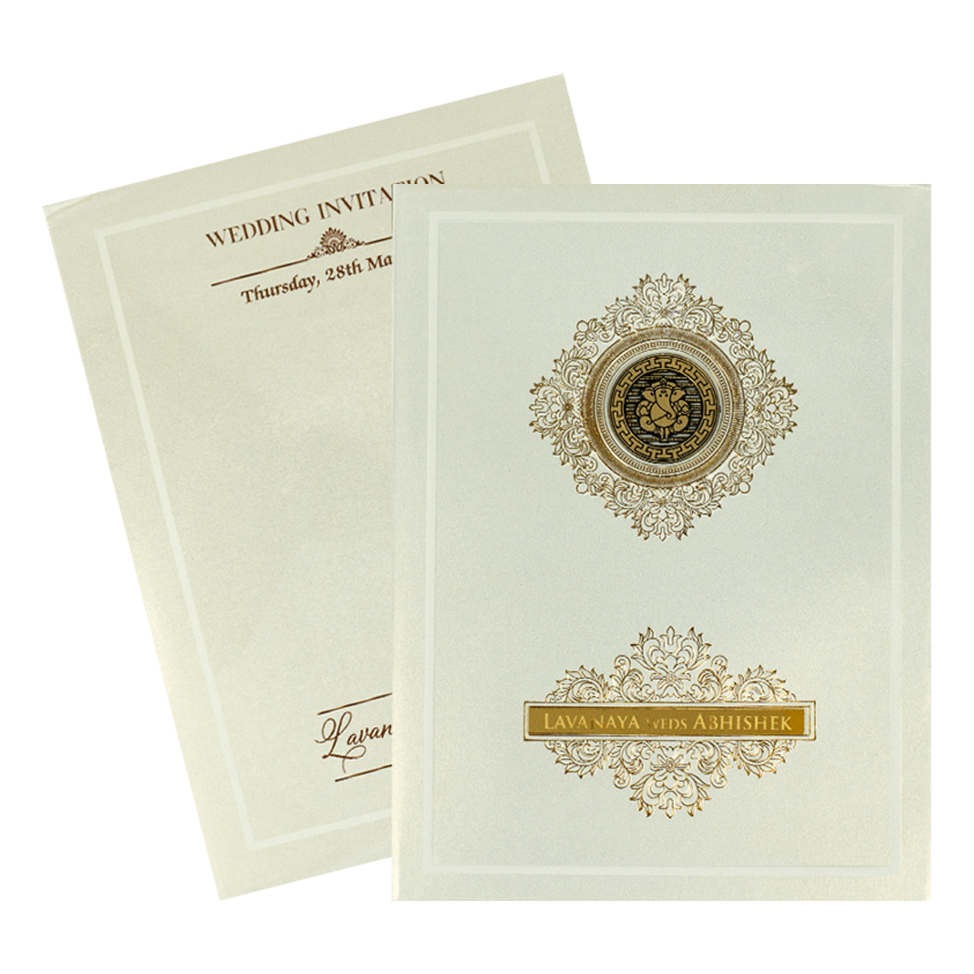 White Ganesha Medallion Floral Padded Wedding Card-KRE26300