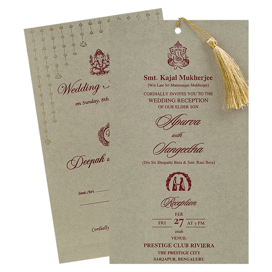 Grey Gold Tassel Single Sheet Wedding Card-KNPD1121