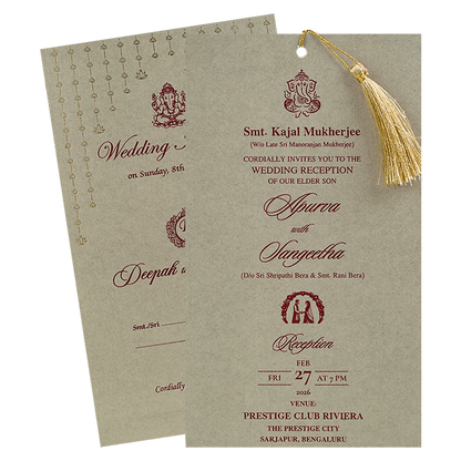 Grey Gold Tassel Single Sheet Wedding Card-KNPD1121
