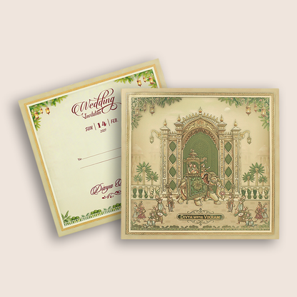 Beige Royal Elephant Palace Wedding Card - KNKD8116