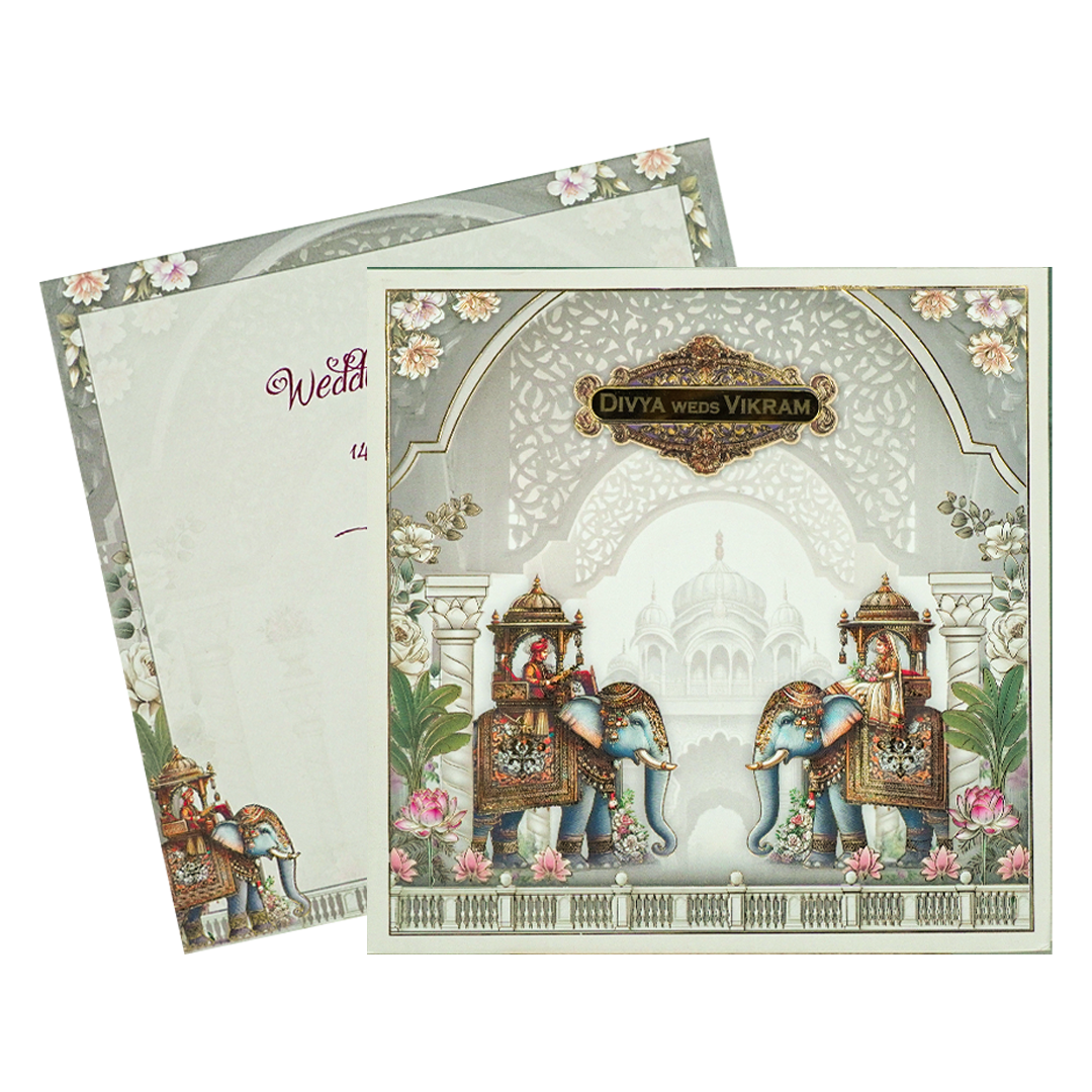 Grey Padded Royal Elephant Wedding Card-KNPO5571C