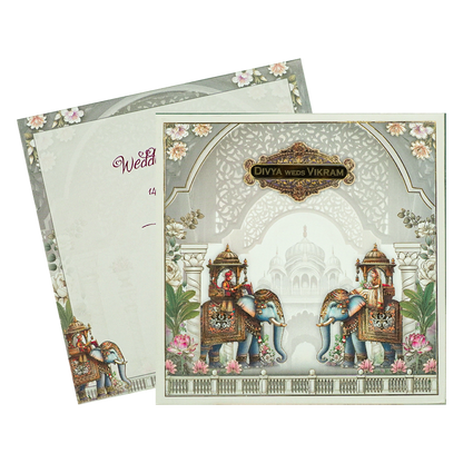 Grey Padded Royal Elephant Wedding Card-KNPO5571C