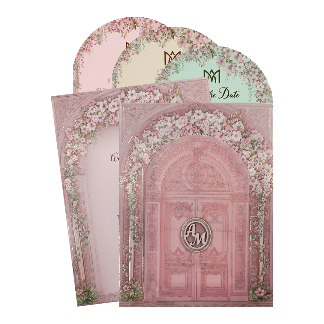 Pink Floral Arch Gate Padded Wedding Card-KSI64380