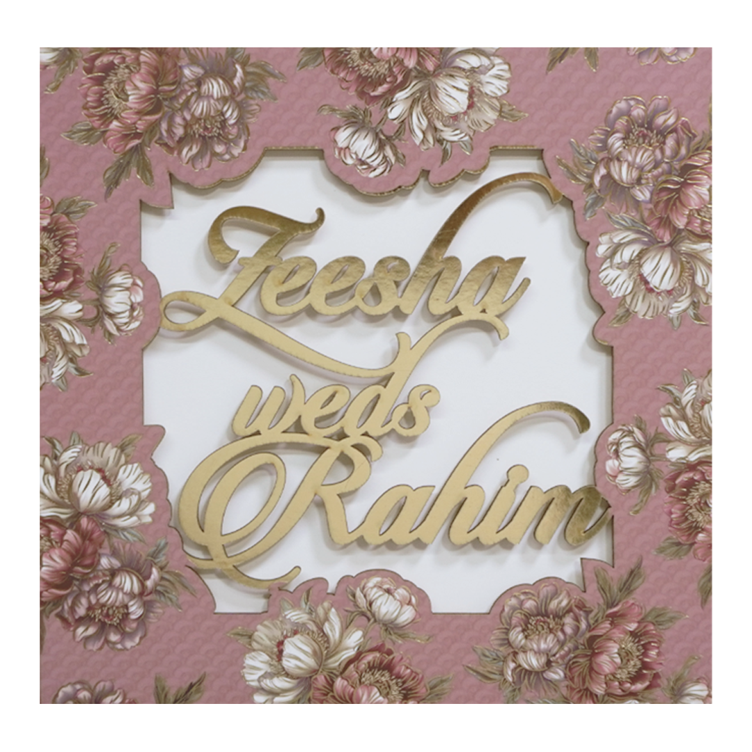 Pink Floral Script Acrylic Padded Wedding Card - KVN07510