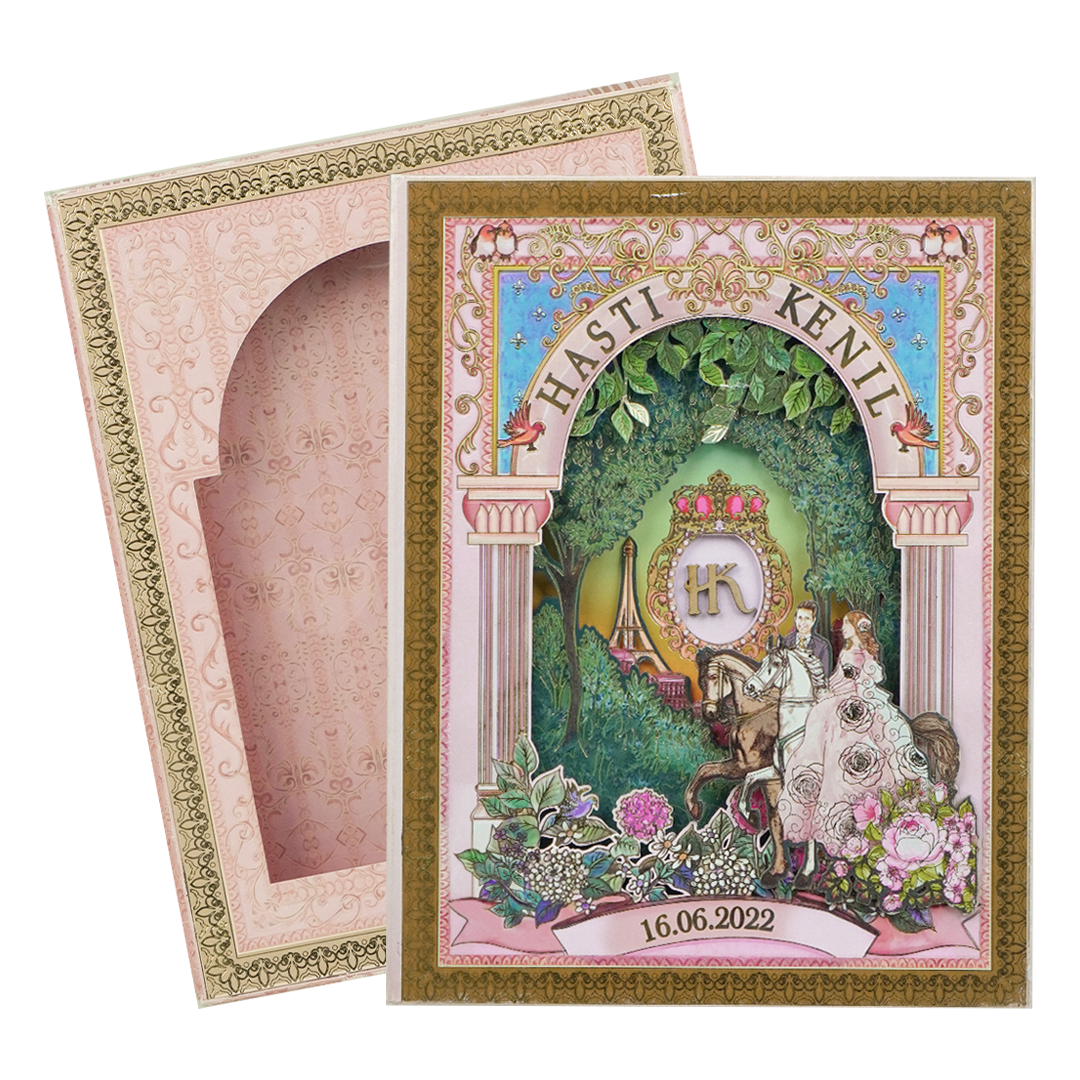 Pink Floral Bride Groom Laser-Cut Wedding Card-KNKUP047