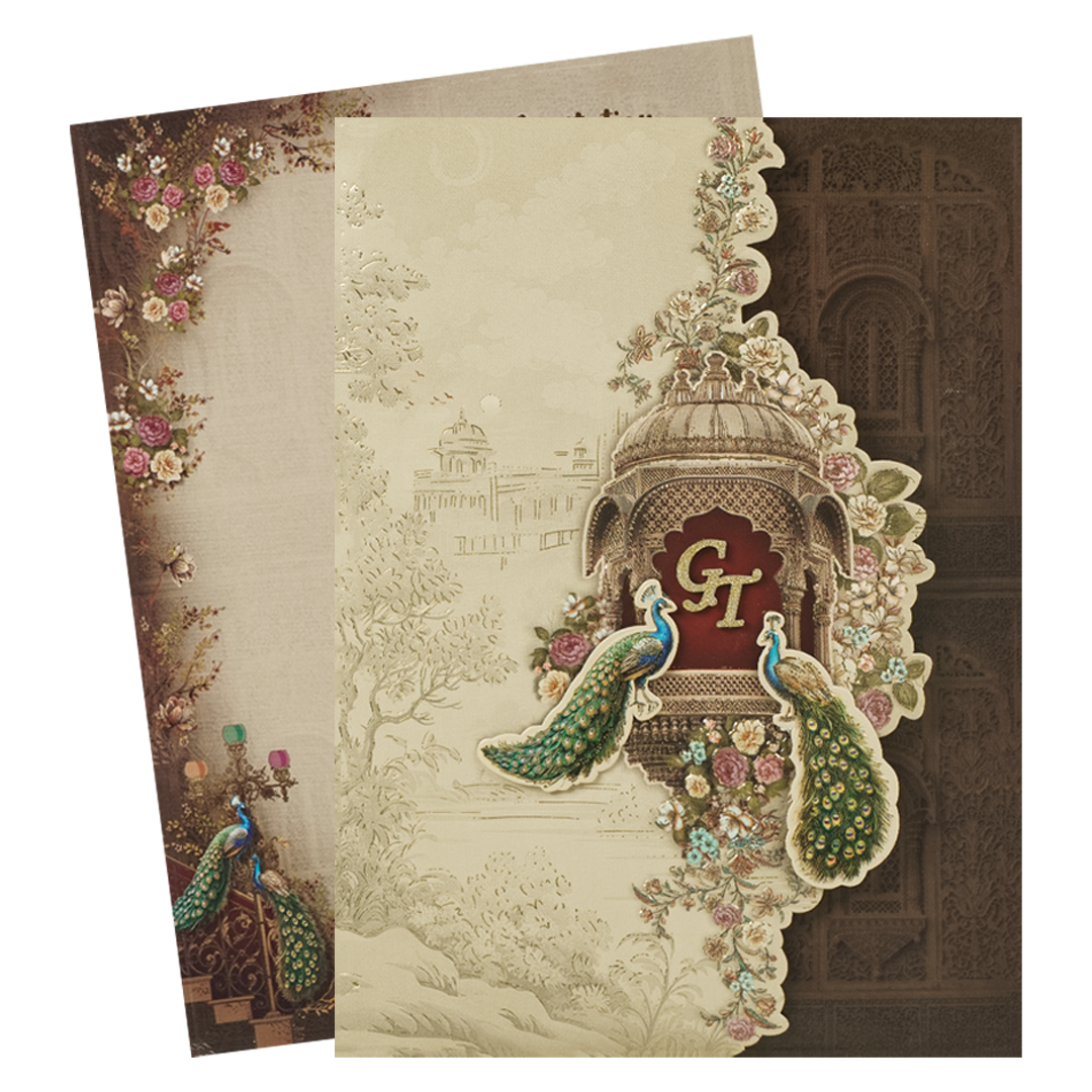 Brown Peacock Mandir Wedding Card-KSI64790