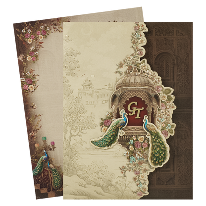Brown Peacock Mandir Wedding Card-KSI64790