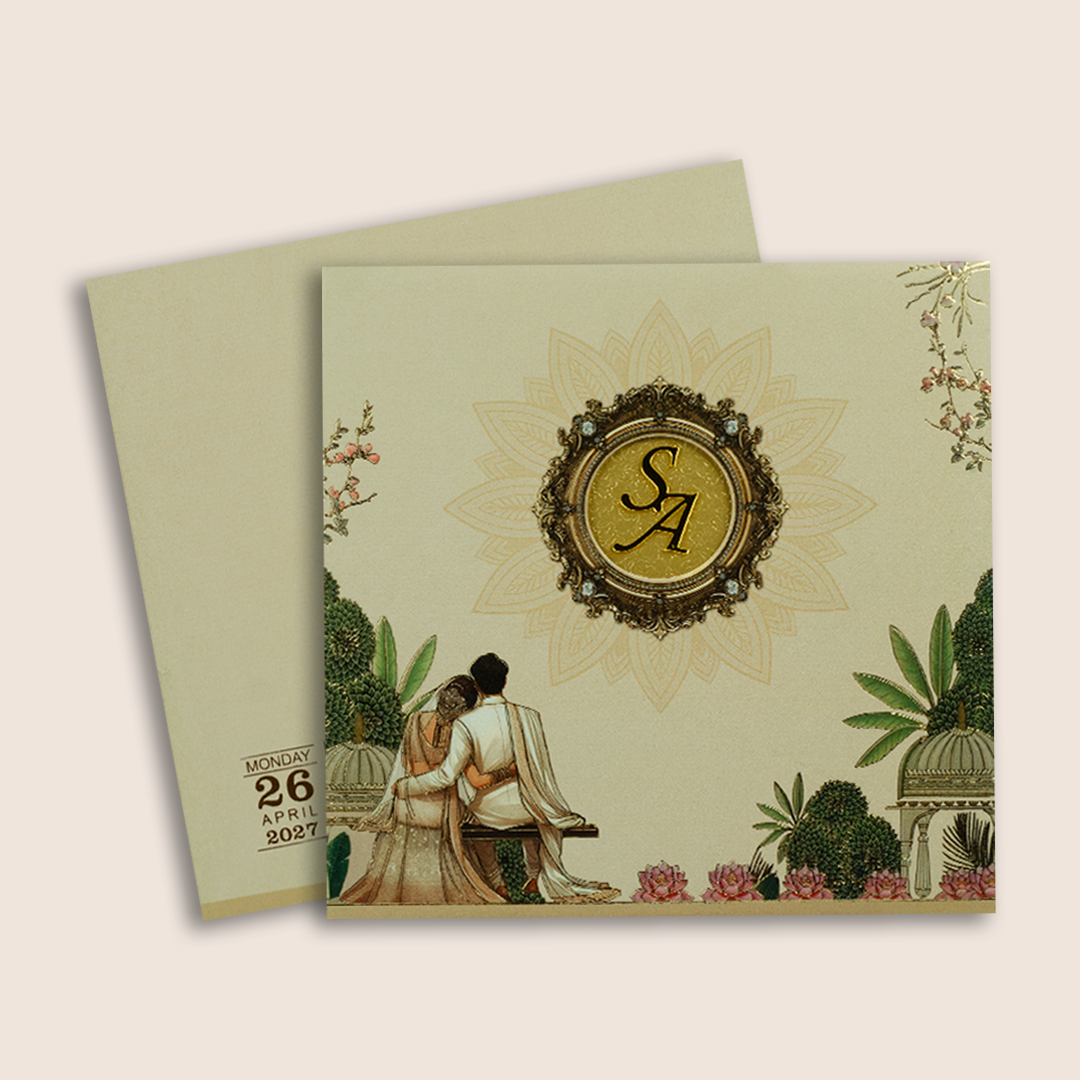 Cream Embossed Bride Groom Floral Padded Invitation Card - KPR026040