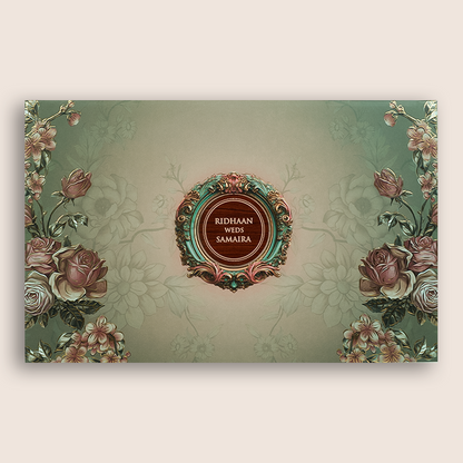 Green Rose Floral Embossed Padded Wedding Card - KVN07250