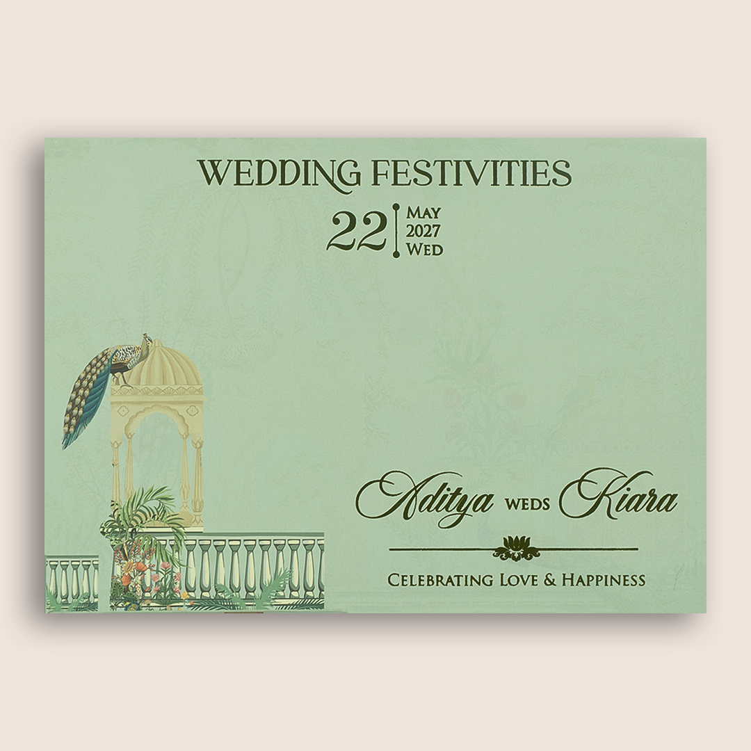 Pastel Green Peacock Door Style Padded Wedding Card - KFR16390
