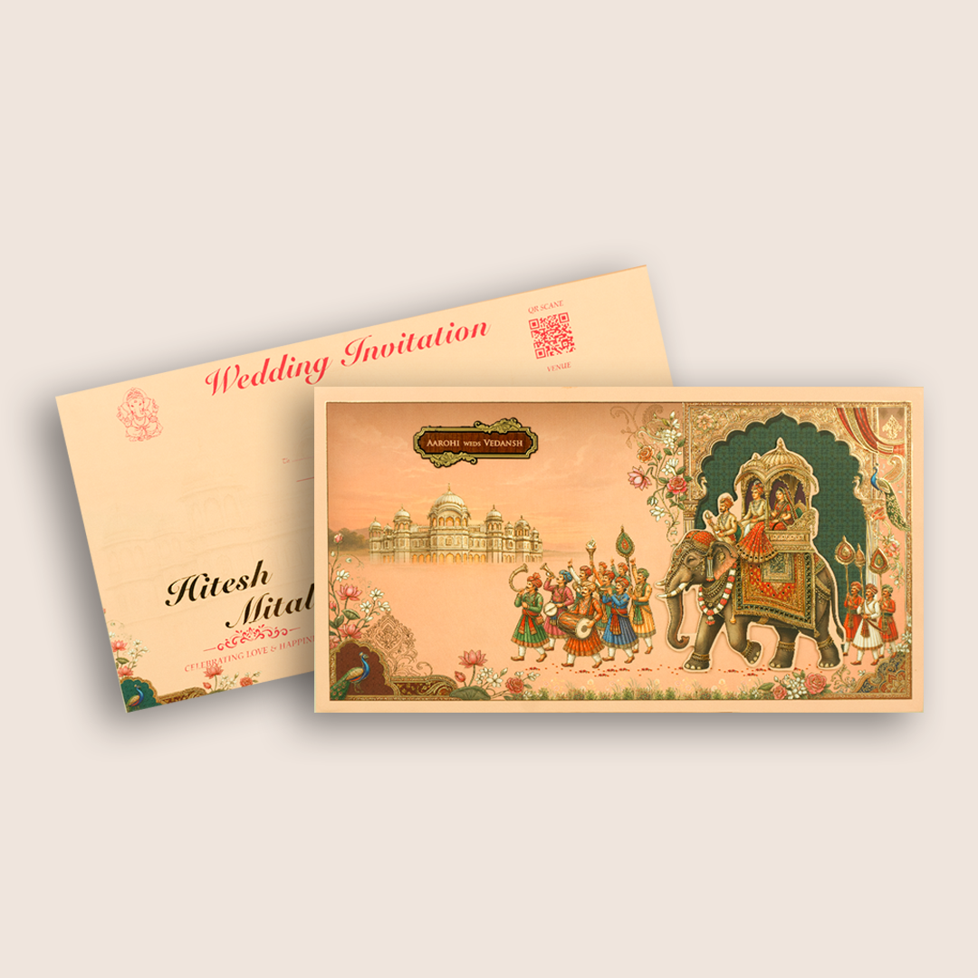Peach Royal Elephant Baraat Premium Wedding Invitation – KSH27110