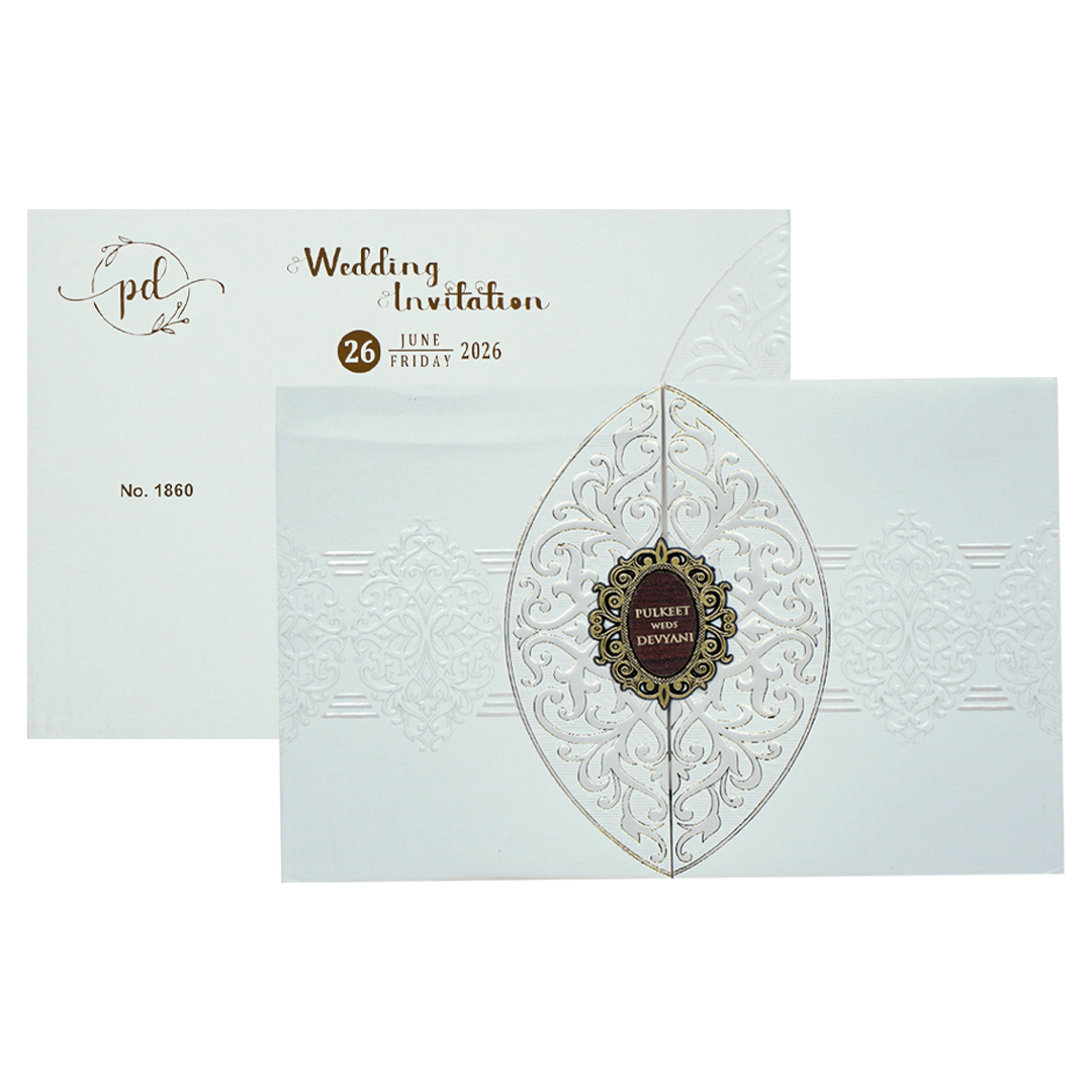 White Royal Motif Padded Wedding Card-KJTS1860