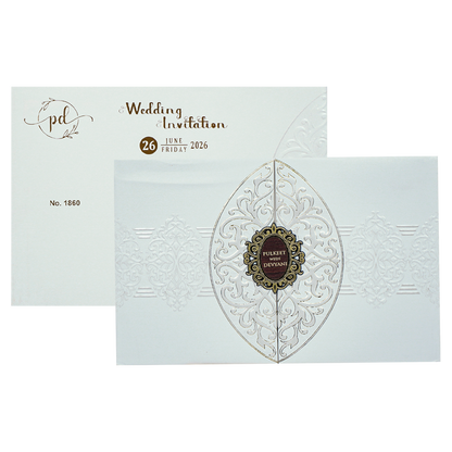White Royal Motif Padded Wedding Card-KJTS1860