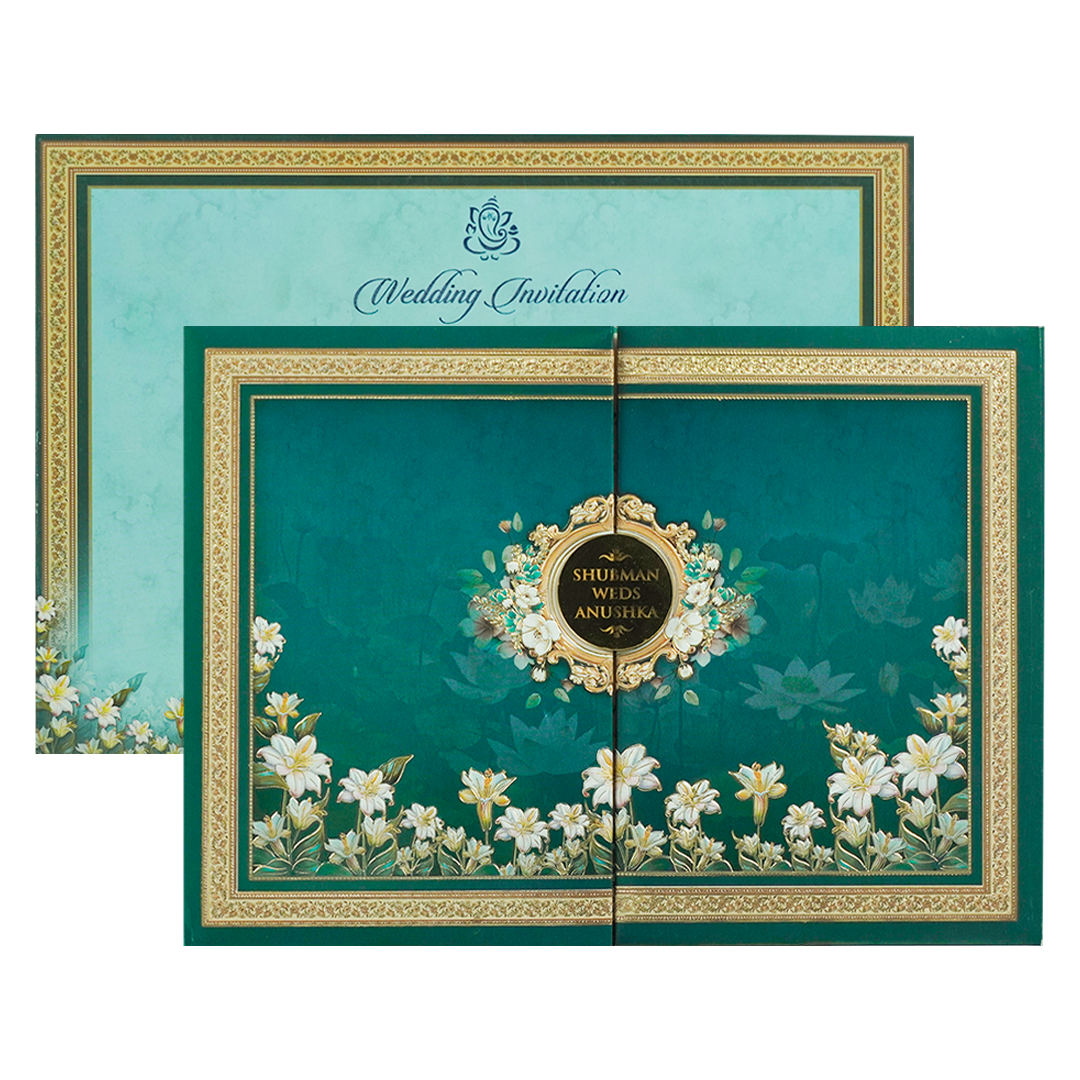 Emerald Blue Floral Padded Wedding Card-KRB09260