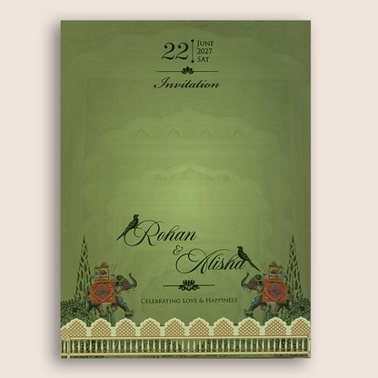 Green Elephant Door Style Padded Wedding Invitation - KFR17290