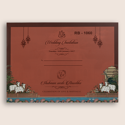 Maroon Radha Krishna Door Style Padded Wedding Card - KRB10600