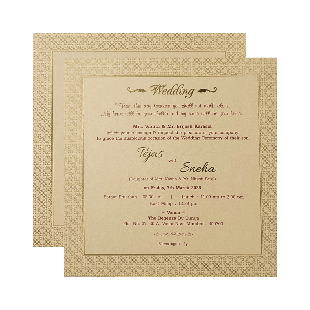 Cream Gold Square Pattern Padded Wedding Card-KMMWD1155