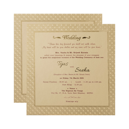 Cream Gold Square Pattern Padded Wedding Card-KMMWD1155