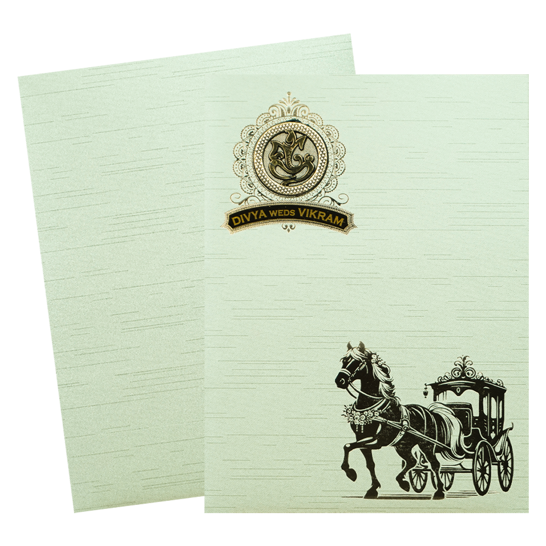 Green Gold Horse Carriage Wedding Card-KNRM7084N