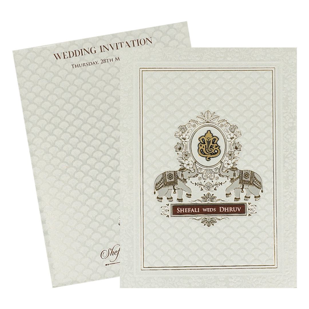 White Embossed Royal Elephant Wedding Card-KRE28420