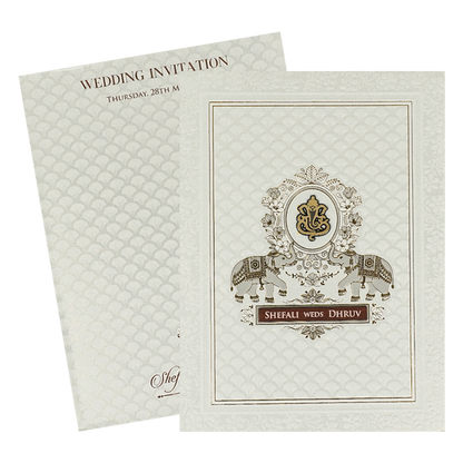 White Embossed Royal Elephant Wedding Card-KRE28420
