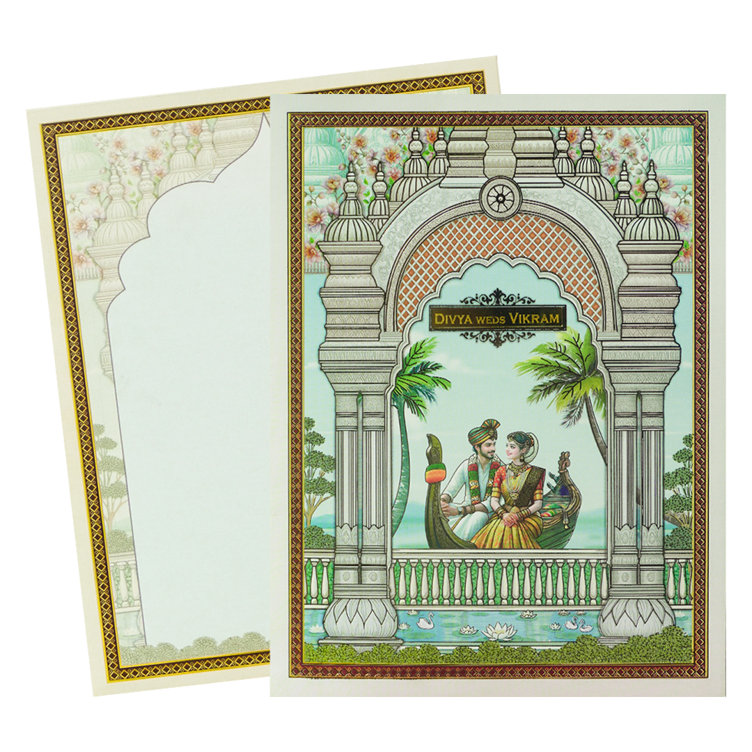 Blue Jharokha Boat Palms Wedding Card-KNKJ1156